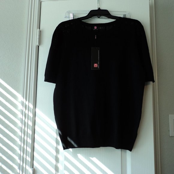 Women's Black SS Crew Neck Sweater Mesh Top Portion **NWT* - Picture 2 of 6